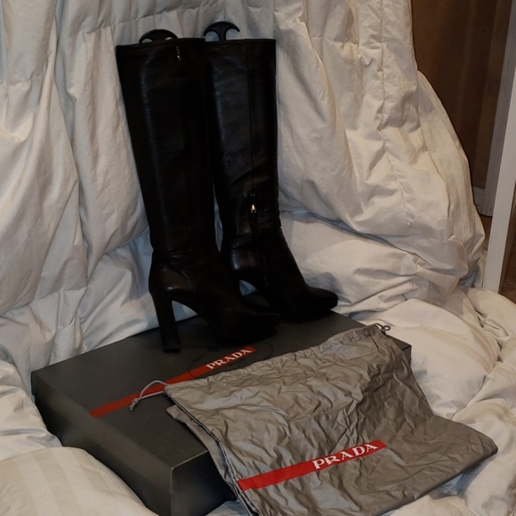 Prada Italy Slouchy Black Leather Boots - Picture 1 of 5